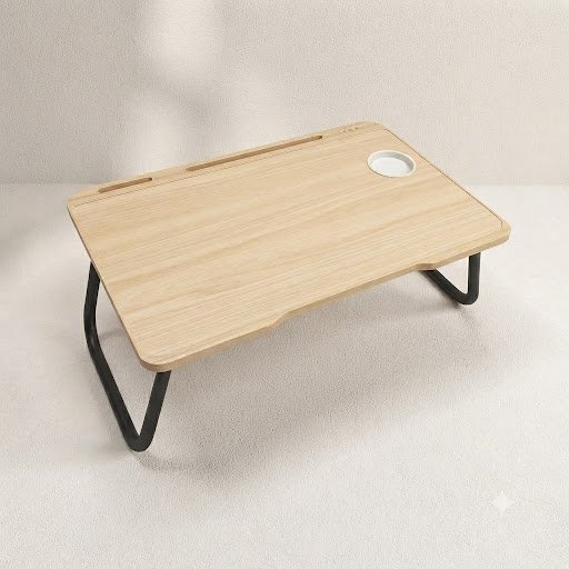 Minimalist ergonomic foldable bed study table with cup holder and tablet slot
